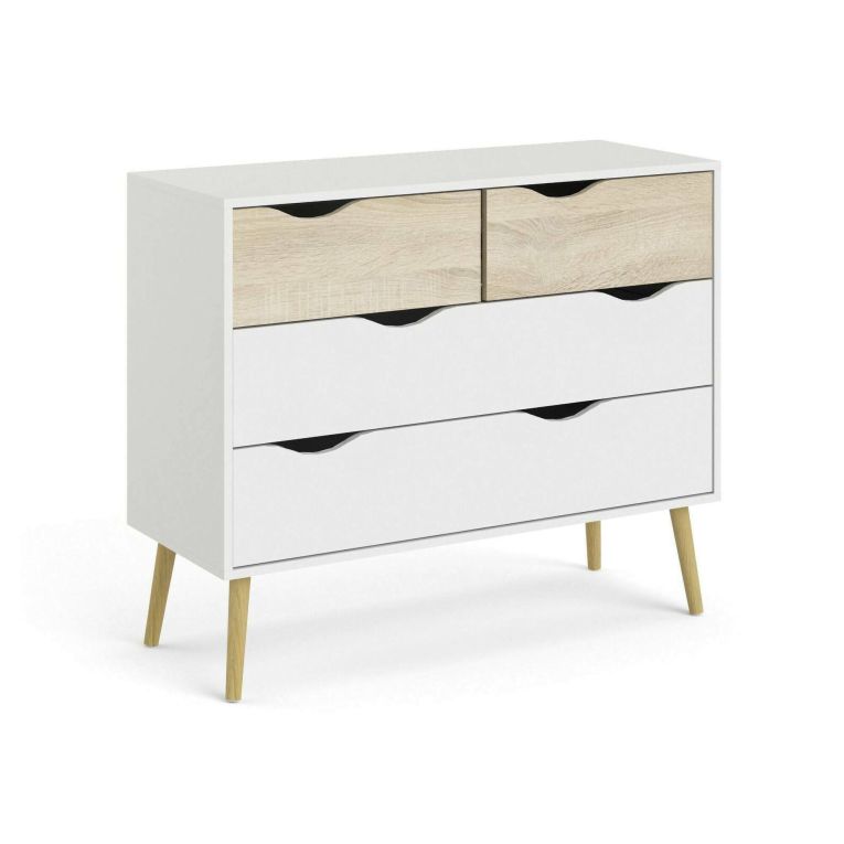 Cassettiera Caroline, Settimino multiuso, Comò camera da letto, Mobile con cassetti, 98x39 h81 cm, Bianco e Quercia