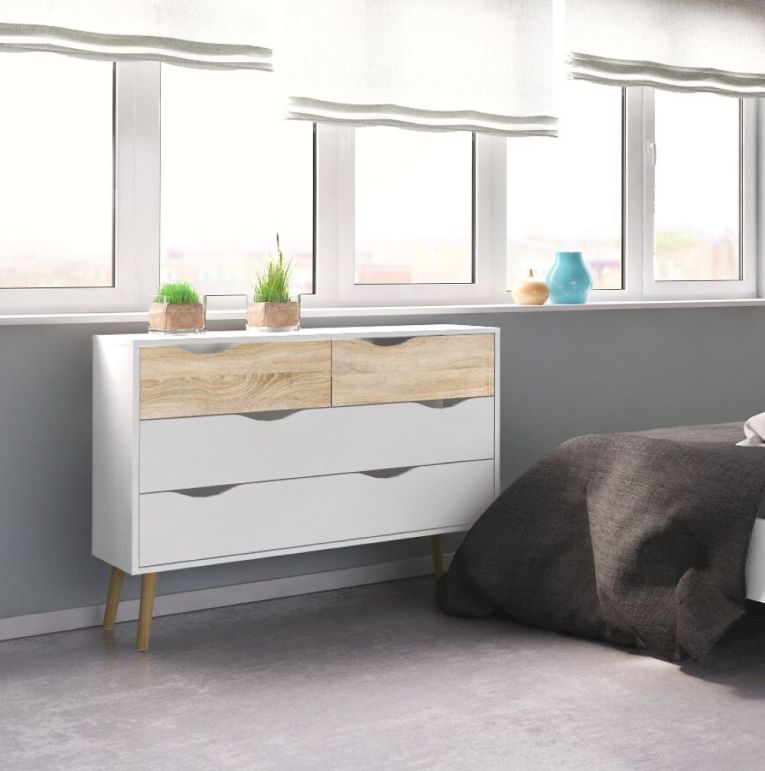 Cassettiera Caroline, Settimino multiuso, Comò camera da letto, Mobile con cassetti, 98x39 h81 cm, Bianco e Quercia