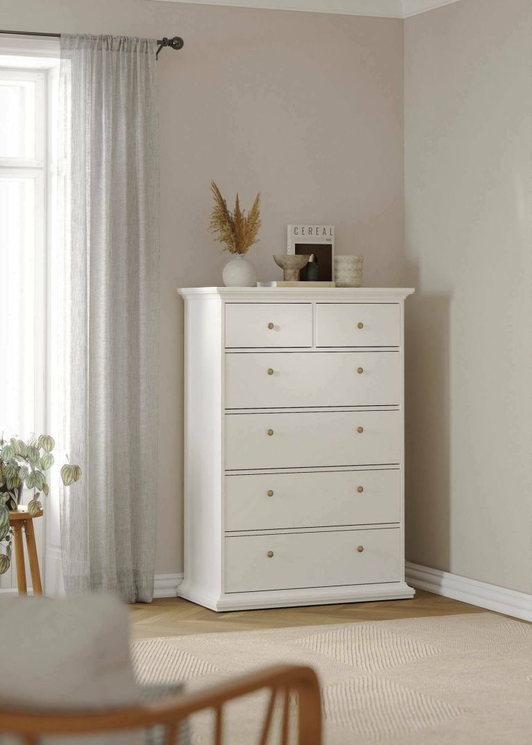 Cassettiera Colombe, Settimino multiuso, Comò camera da letto, Mobile con cassetti, 96x49 h139 cm, Bianco