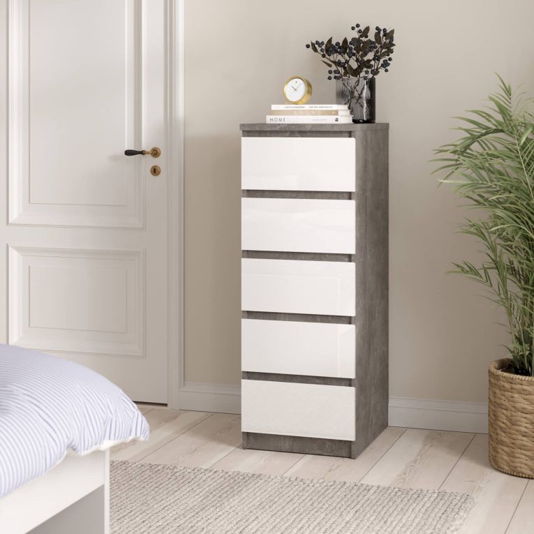 Cassettiera con maniglie cemento e bianca lucida 50x111h cm - Achaldi