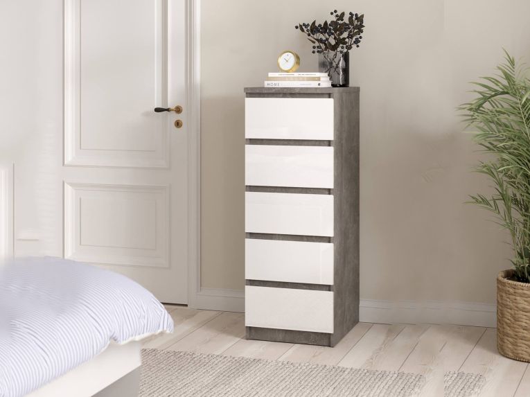 Cassettiera con maniglie cemento e bianca lucida 50x111h cm - Achaldi