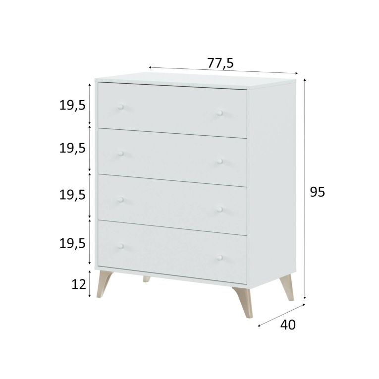 Cassettiera Denver, Settimanale a 4 cassetti, Mobile Comò per camera da letto, Comò moderno, 78x40h95 cm, Bianco