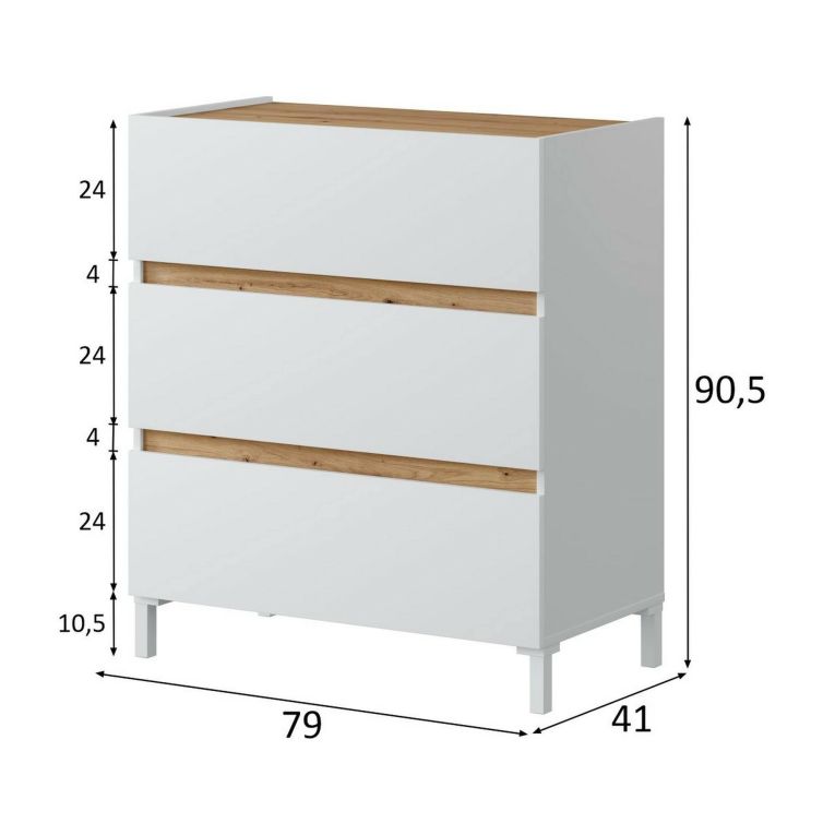Cassettiera Forfar, Settimino multiuso, Comò camera da letto, Mobile con cassetti, 79x41 h91 cm, Bianco e Rovere Nodi