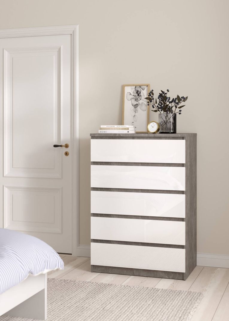 Cassettiera Georgette, Settimino multiuso, Comò camera da letto, Mobile con cassetti, 50x77 h111 cm, Cemento e Bianco
