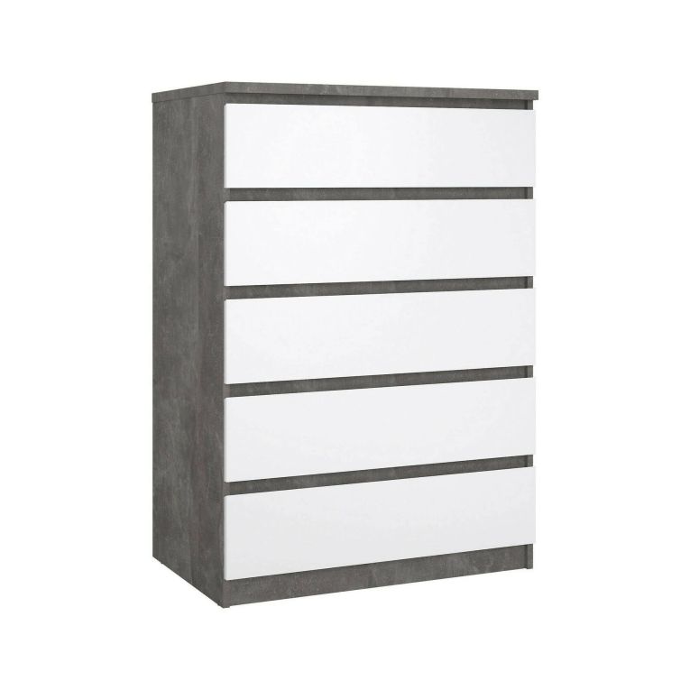 Cassettiera Georgette, Settimino multiuso, Comò camera da letto, Mobile con cassetti, 50x77 h111 cm, Cemento e Bianco