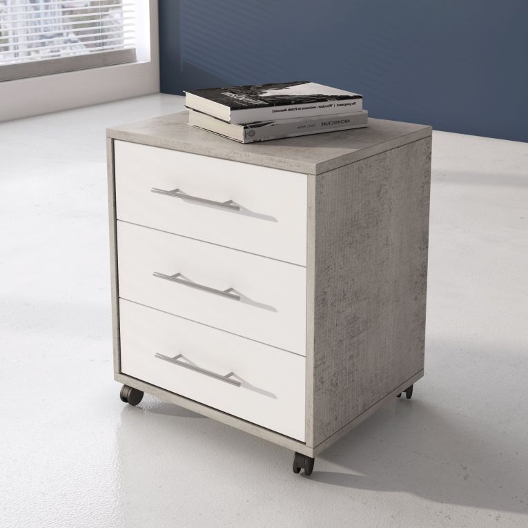 Cassettiera Grigio Cemento Bianco 3 Cassetti Apertura Scorrevole 43x40x57h cm, Chiusura Scorrevole - Pisano