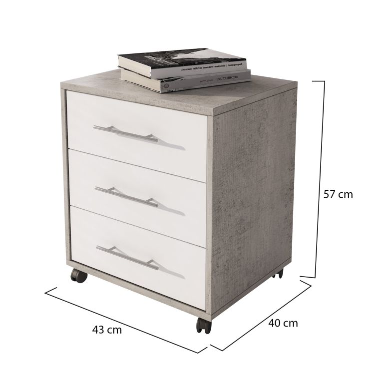 Cassettiera Grigio Cemento Bianco 3 Cassetti Apertura Scorrevole 43x40x57h cm, Chiusura Scorrevole - Pisano