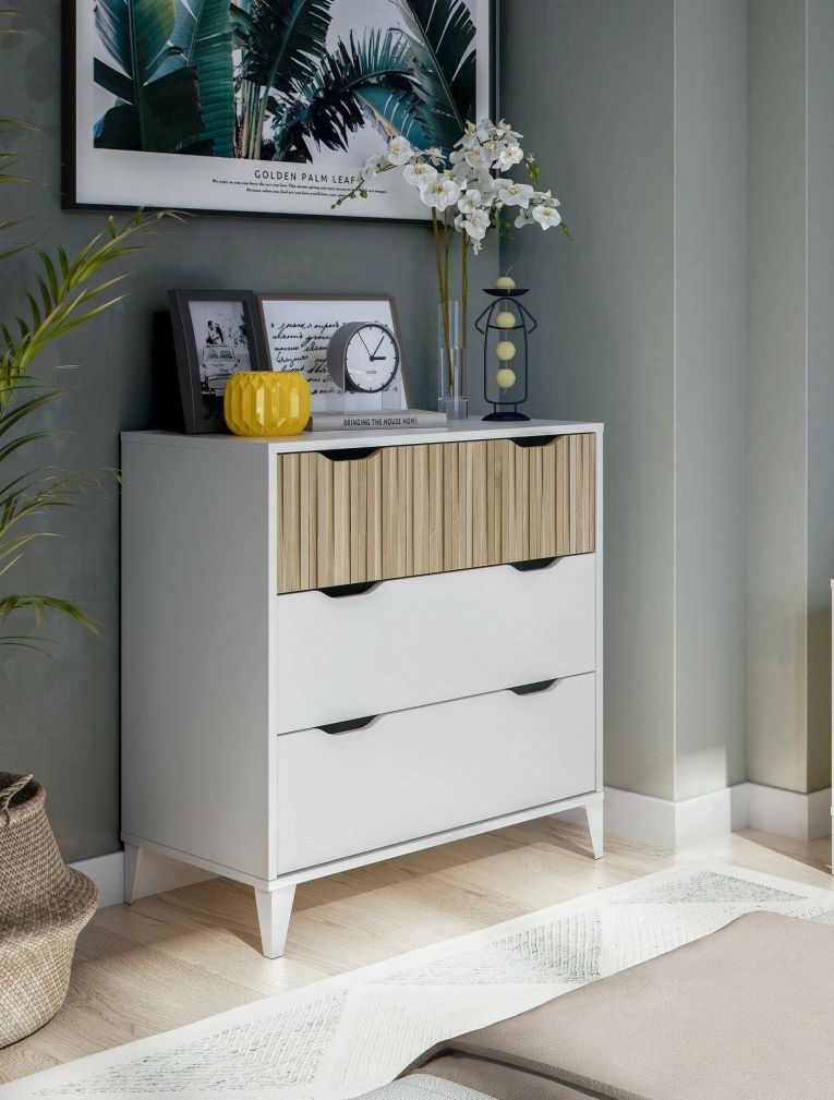 Cassettiera Gromore, Settimino multiuso, Comò camera da letto, Mobile con cassetti, 71x40 h76 cm, Bianco e Rovere