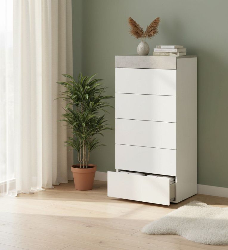 Cassettiera Irving, Settimanale a 5 cassetti, Mobile Comò per camera da letto, Comò moderno, 61x40h118 cm, Bianco