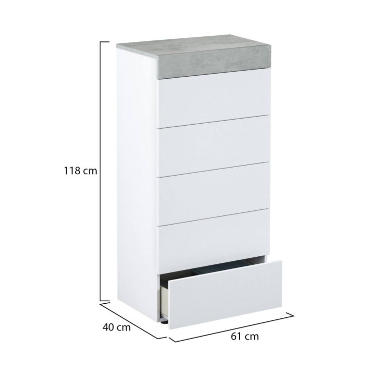 Cassettiera Irving, Settimanale a 5 cassetti, Mobile Comò per camera da letto, Comò moderno, 61x40h118 cm, Bianco