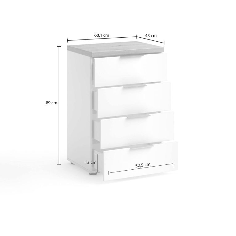 Cassettiera Lusaka, Settimino multiuso, Comò camera da letto, Mobile con cassetti, Made in Italy, 60x43h89 cm, Bianco lucido e Rovere