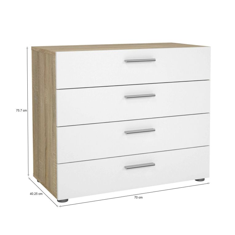 Cassettiera Marinette, Settimino multiuso, Comò camera da letto, Mobile con cassetti, 70x40 h76 cm, Quercia e Bianco