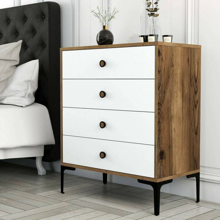 Cassettiera Marrone Noce Bianco 4 Cassetti Apertura Scorrevole 76x40x91h cm, Chiusura Scorrevole - Molly