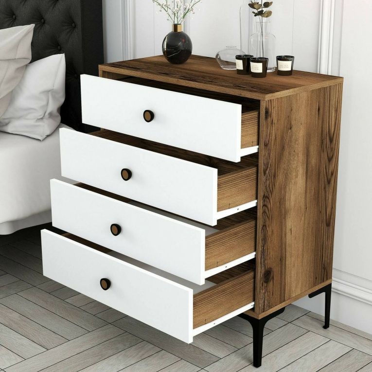Cassettiera Marrone Noce Bianco 4 Cassetti Apertura Scorrevole 76x40x91h cm, Chiusura Scorrevole - Molly