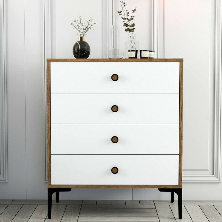 Cassettiera Marrone Noce Bianco 4 Cassetti Apertura Scorrevole 76x40x91h cm, Chiusura Scorrevole - Molly