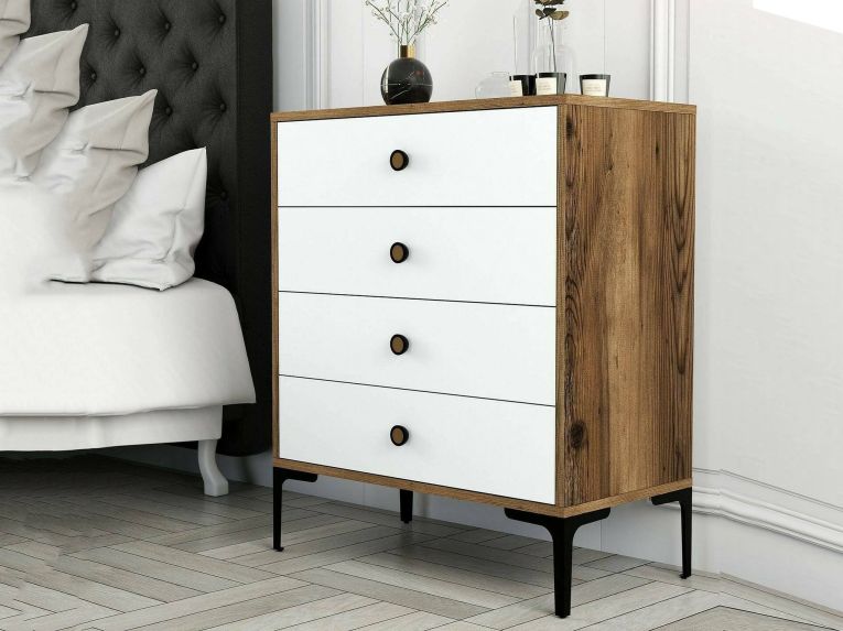 Cassettiera Marrone Noce Bianco 4 Cassetti Apertura Scorrevole 76x40x91h cm, Chiusura Scorrevole - Molly