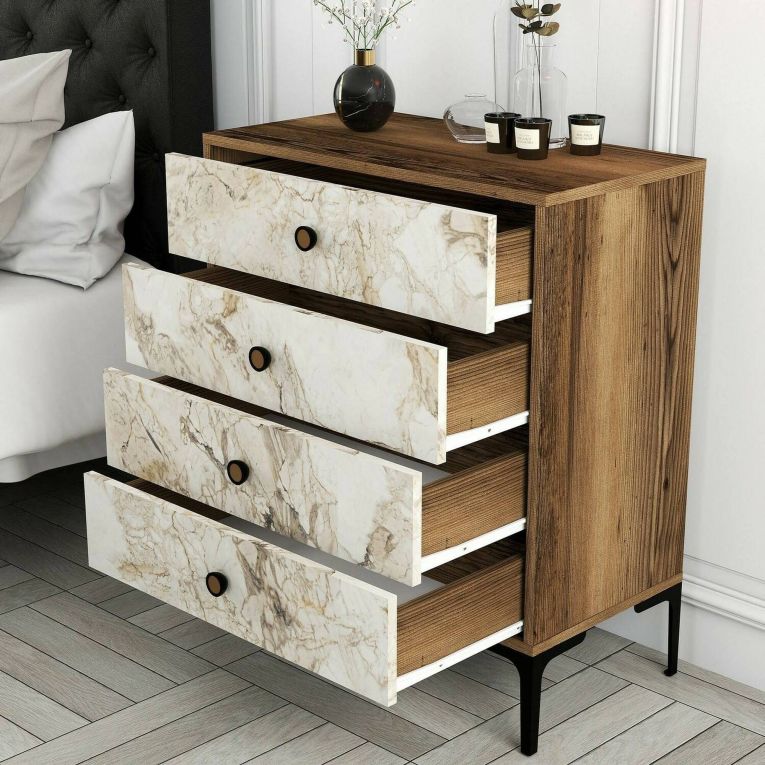 Cassettiera Marrone Noce Bianco Marmo 4 Cassetti Apertura Scorrevole 76x40x91h cm, Chiusura Scorrevole - Molly