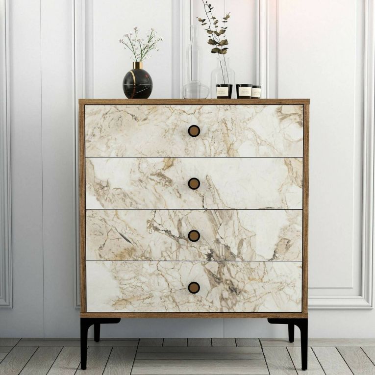 Cassettiera Marrone Noce Bianco Marmo 4 Cassetti Apertura Scorrevole 76x40x91h cm, Chiusura Scorrevole - Molly