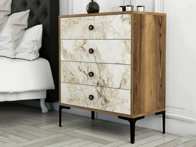 Cassettiera Marrone Noce Bianco Marmo 4 Cassetti Apertura Scorrevole 76x40x91h cm, Chiusura Scorrevole - Molly