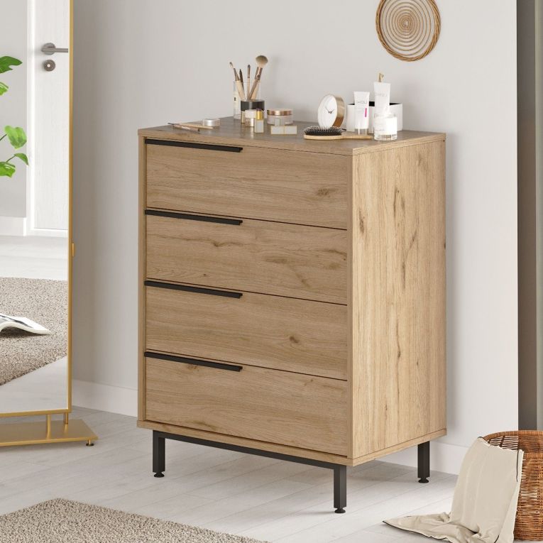 Cassettiera Marrone Rovere 4 Cassetti Apertura Scorrevole 75x45x95h cm, Chiusura Scorrevole - Lusevera