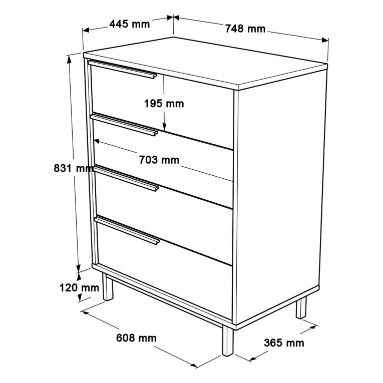 Cassettiera Marrone Rovere 4 Cassetti Apertura Scorrevole 75x45x95h cm, Chiusura Scorrevole - Lusevera