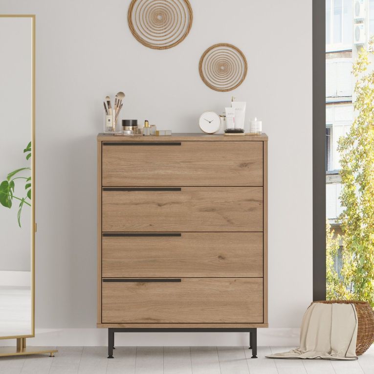 Cassettiera Marrone Rovere 4 Cassetti Apertura Scorrevole 75x45x95h cm, Chiusura Scorrevole - Lusevera