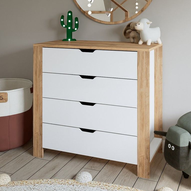 Cassettiera Marrone Rovere Bianco 4 Cassetti Apertura Scorrevole 90x42x85h cm, Chiusura Scorrevole - Pastena