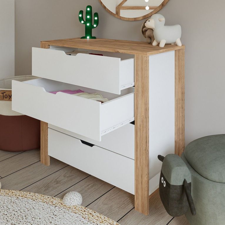 Cassettiera Marrone Rovere Bianco 4 Cassetti Apertura Scorrevole 90x42x85h cm, Chiusura Scorrevole - Pastena