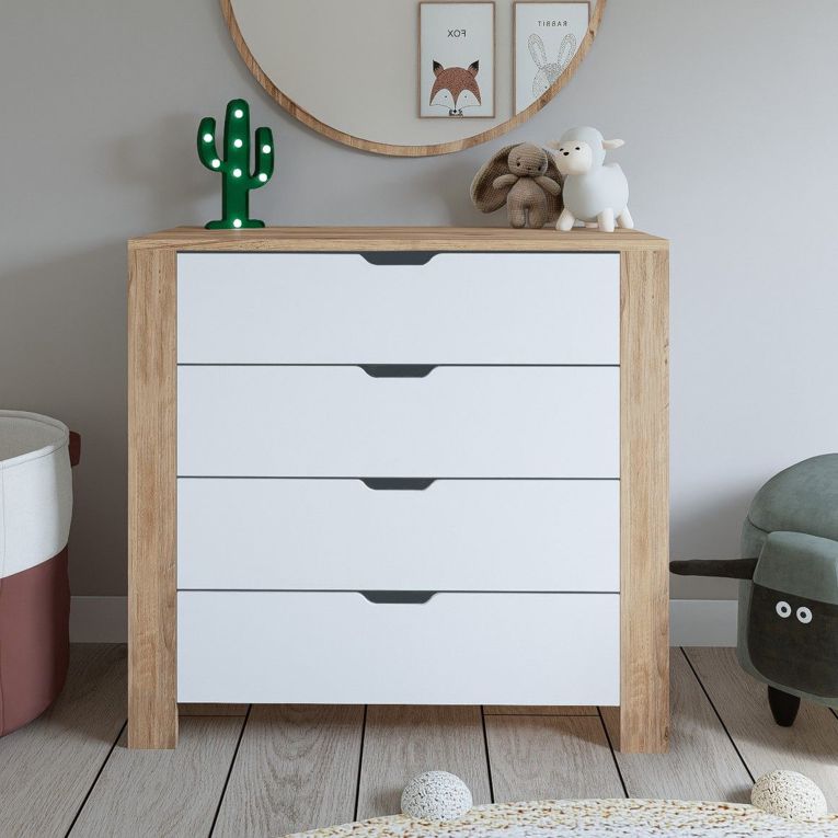 Cassettiera Marrone Rovere Bianco 4 Cassetti Apertura Scorrevole 90x42x85h cm, Chiusura Scorrevole - Pastena