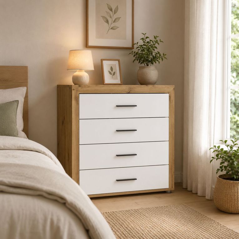 Cassettiera Marrone Rovere Bianco 4 Cassetti Apertura Scorrevole 95x42x88h cm, Chiusura Scorrevole - Lematare