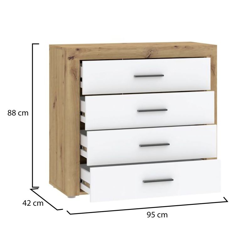 Cassettiera Marrone Rovere Bianco 4 Cassetti Apertura Scorrevole 95x42x88h cm, Chiusura Scorrevole - Lematare