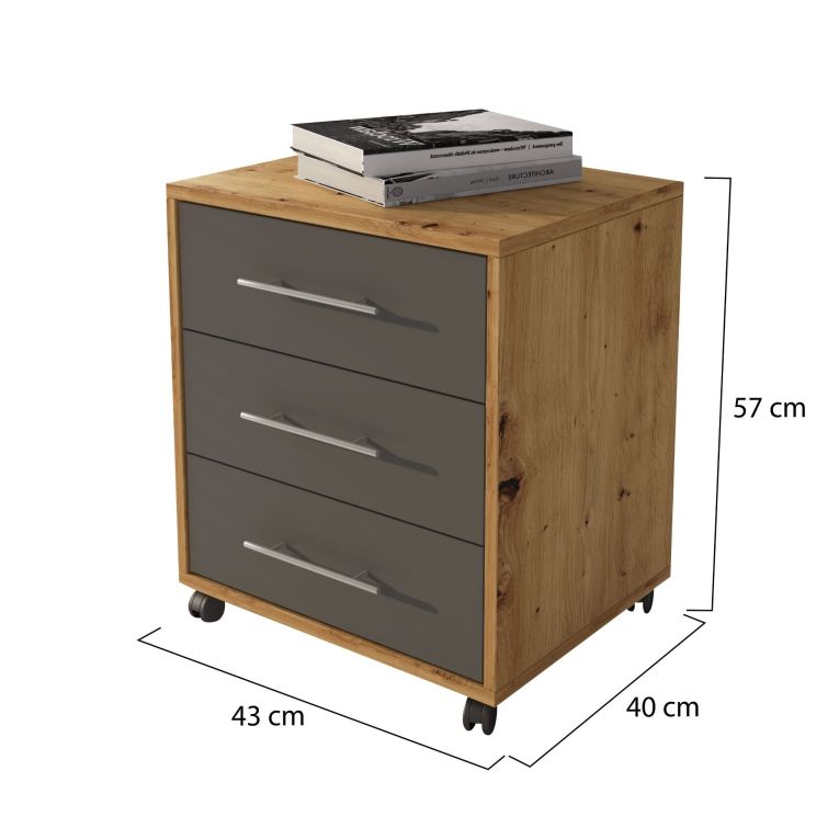Cassettiera Marrone Rovere Nero Antracite 3 Cassetti Apertura Scorrevole 43x40x57h cm, Chiusura Scorrevole - Pisano