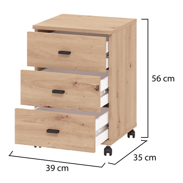 Cassettiera Marrone Rovere Nodi 3 Cassetti con Ruote 39x35x56h cm, Apertura Scorrevole - Kaza