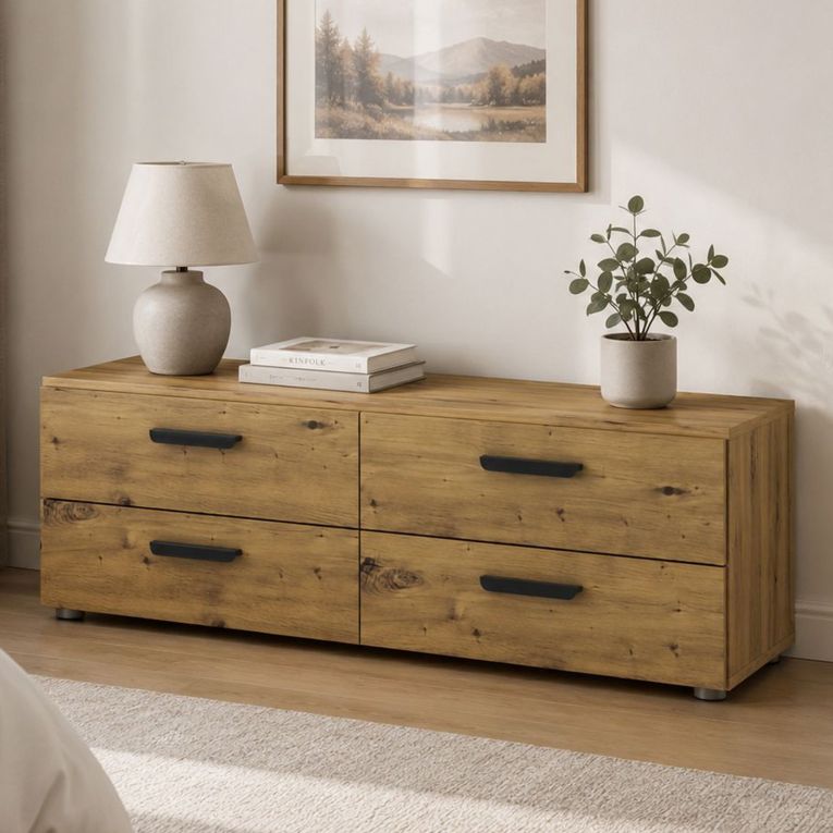 Cassettiera Marrone Rovere Nodi 4 Cassetti Apertura Scorrevole 111x52x35h cm, Chiusura Scorrevole - Gignod