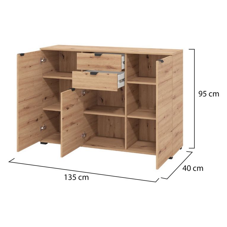 Cassettiera Marrone Rovere Nodi Nero 2 Cassetti Apertura Battente, Scorrevole 135x40x95h cm, Chiusura Battente, Scorrevole - Mainarda