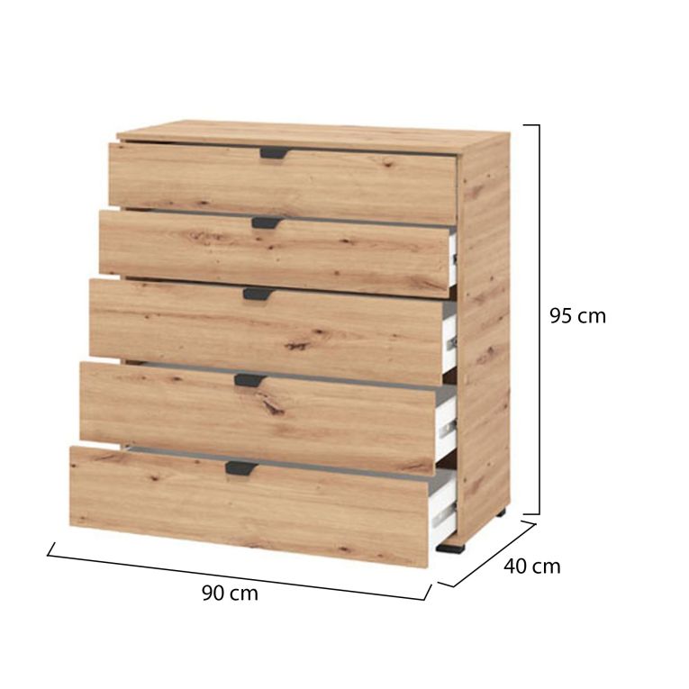 Cassettiera Marrone Rovere Nodi Nero 5 Cassetti Apertura Scorrevole 90x40x95h cm, Chiusura Scorrevole - Mainarda