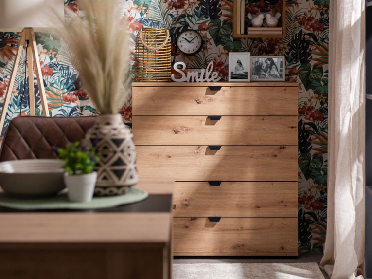 Cassettiera Marrone Rovere Nodi Nero 5 Cassetti Apertura Scorrevole 90x40x95h cm, Chiusura Scorrevole - Mainarda
