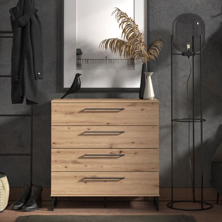 Cassettiera Marrone Rovere Nodi Nero Nero 4 Cassetti Apertura Scorrevole 91.5x42x95h cm, Chiusura Scorrevole - Porzio