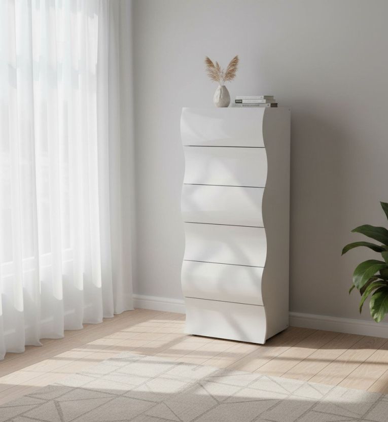 Cassettiera Matteo, Settimanale a 6 cassetti, Comò per camera da letto, 100% Made in Italy, cm 50x40h122, Bianco lucido