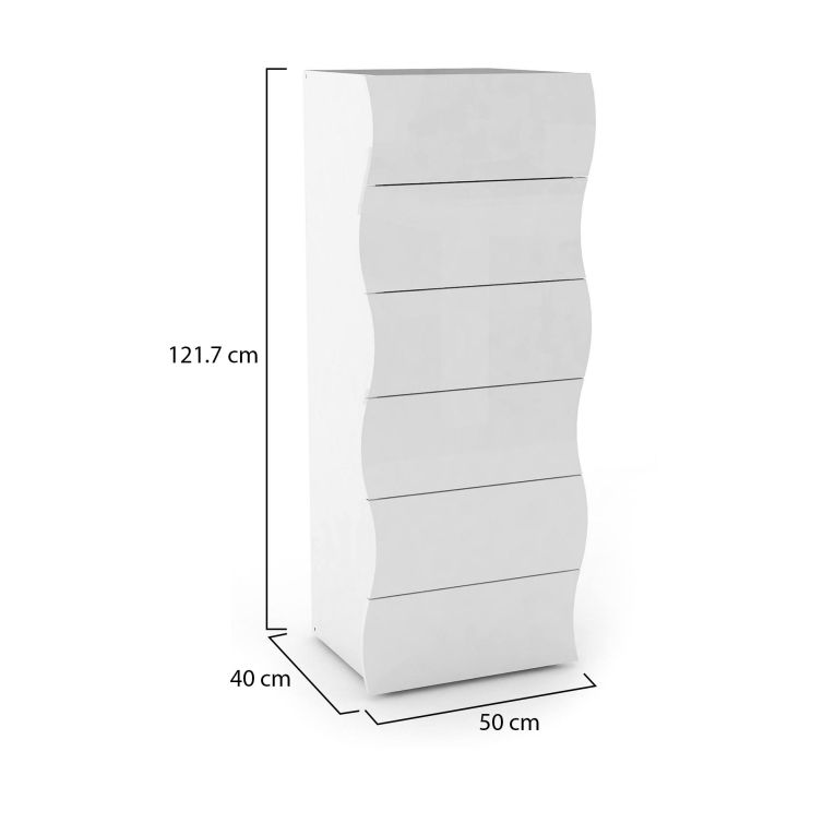 Cassettiera Matteo, Settimanale a 6 cassetti, Comò per camera da letto, 100% Made in Italy, cm 50x40h122, Bianco lucido