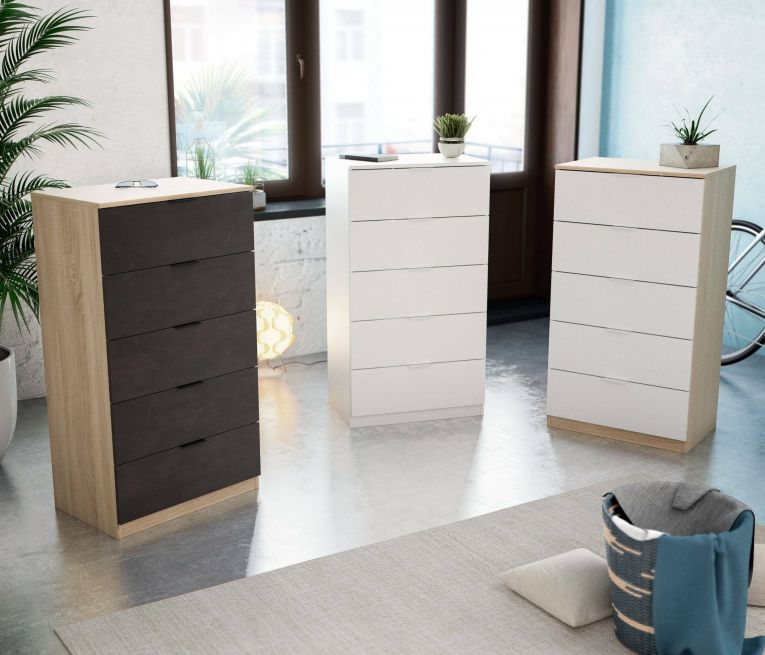 Cassettiera Mesquite, Settimanale a 5 cassetti, Mobile Comò per camera da letto, Settimanale moderno, 60x40h110 cm, Rovere e Antracite