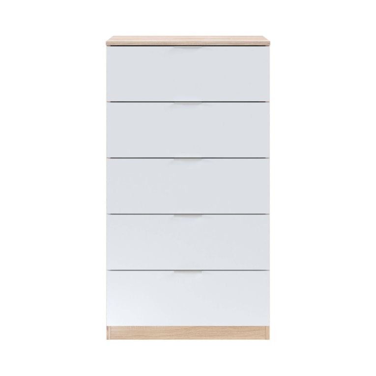 Cassettiera Mesquite, Settimanale a 5 cassetti, Mobile Comò per camera da letto, Settimanale moderno, 60x40h110 cm, Rovere e Bianco