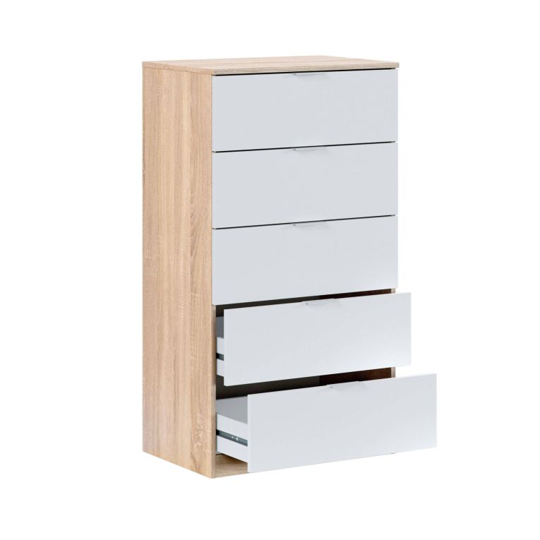Cassettiera Mesquite, Settimanale a 5 cassetti, Mobile Comò per camera da letto, Settimanale moderno, 60x40h110 cm, Rovere e Bianco