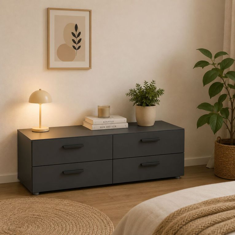 Cassettiera Nero Antracite 4 Cassetti Apertura Scorrevole 111x52x35h cm, Chiusura Scorrevole - Gignod