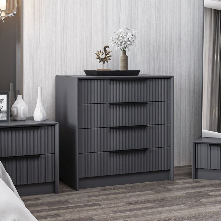 Cassettiera Nero Antracite 4 Cassetti Apertura Scorrevole 45x72x77h cm, Chiusura Scorrevole - Jebi