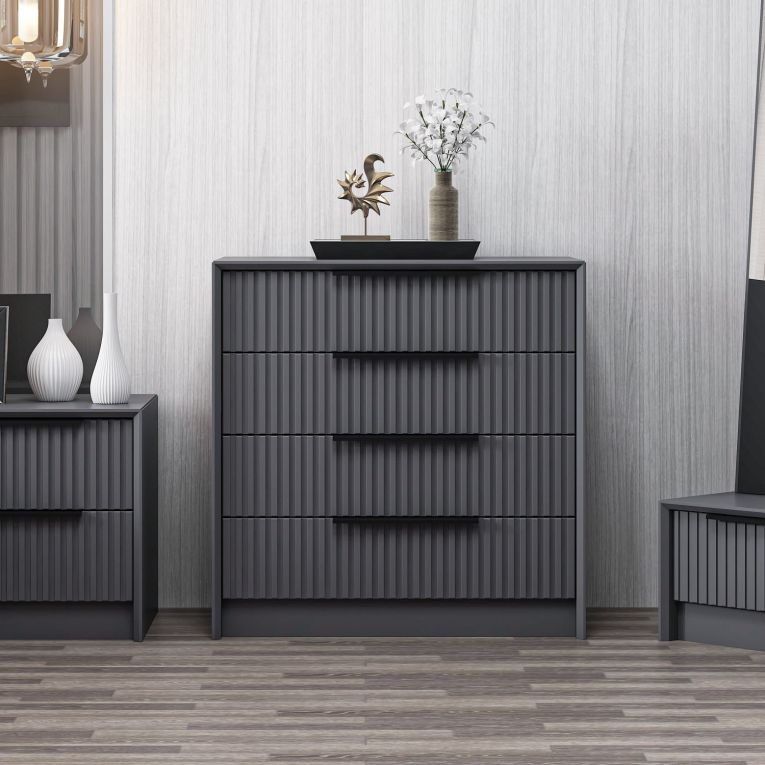 Cassettiera Nero Antracite 4 Cassetti Apertura Scorrevole 45x72x77h cm, Chiusura Scorrevole - Jebi