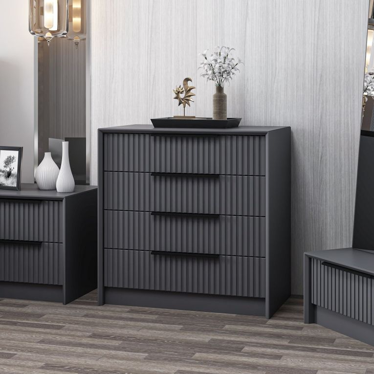 Cassettiera Nero Antracite 4 Cassetti Apertura Scorrevole 45x72x77h cm, Chiusura Scorrevole - Jebi