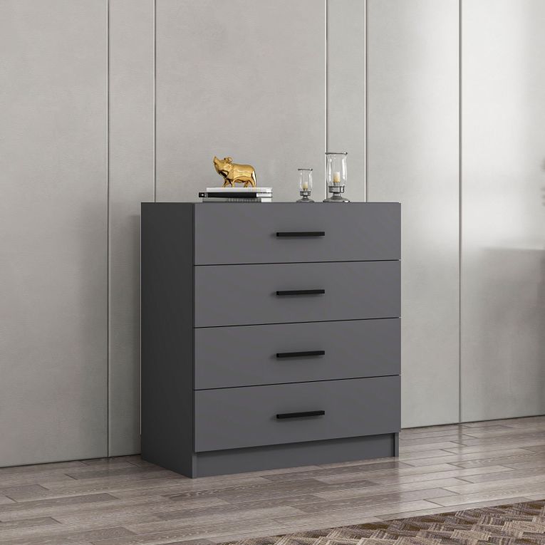 Cassettiera Nero Antracite 4 Cassetti Apertura Scorrevole 90x47x100h cm, Chiusura Scorrevole - Lierna