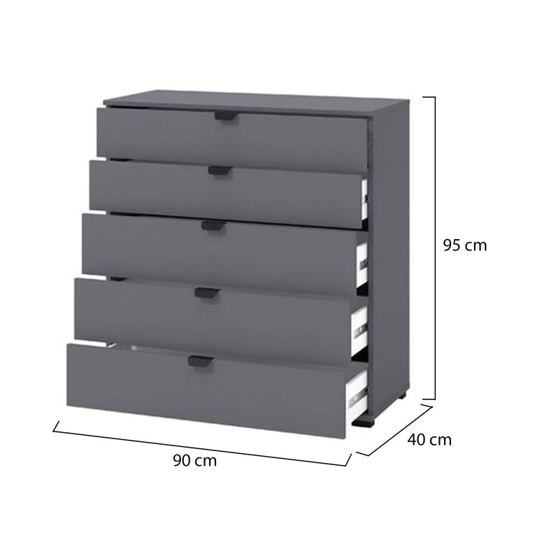 Cassettiera Nero Antracite 5 Cassetti Apertura Scorrevole 90x40x95h cm, Chiusura Scorrevole - Mainarda