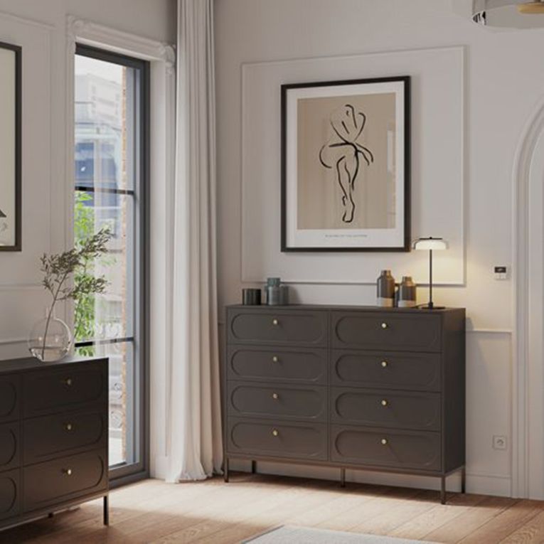 Cassettiera Nero Antracite 8 Cassetti Apertura Scorrevole 150x40x116h cm, Chiusura Soft Close - Laniva